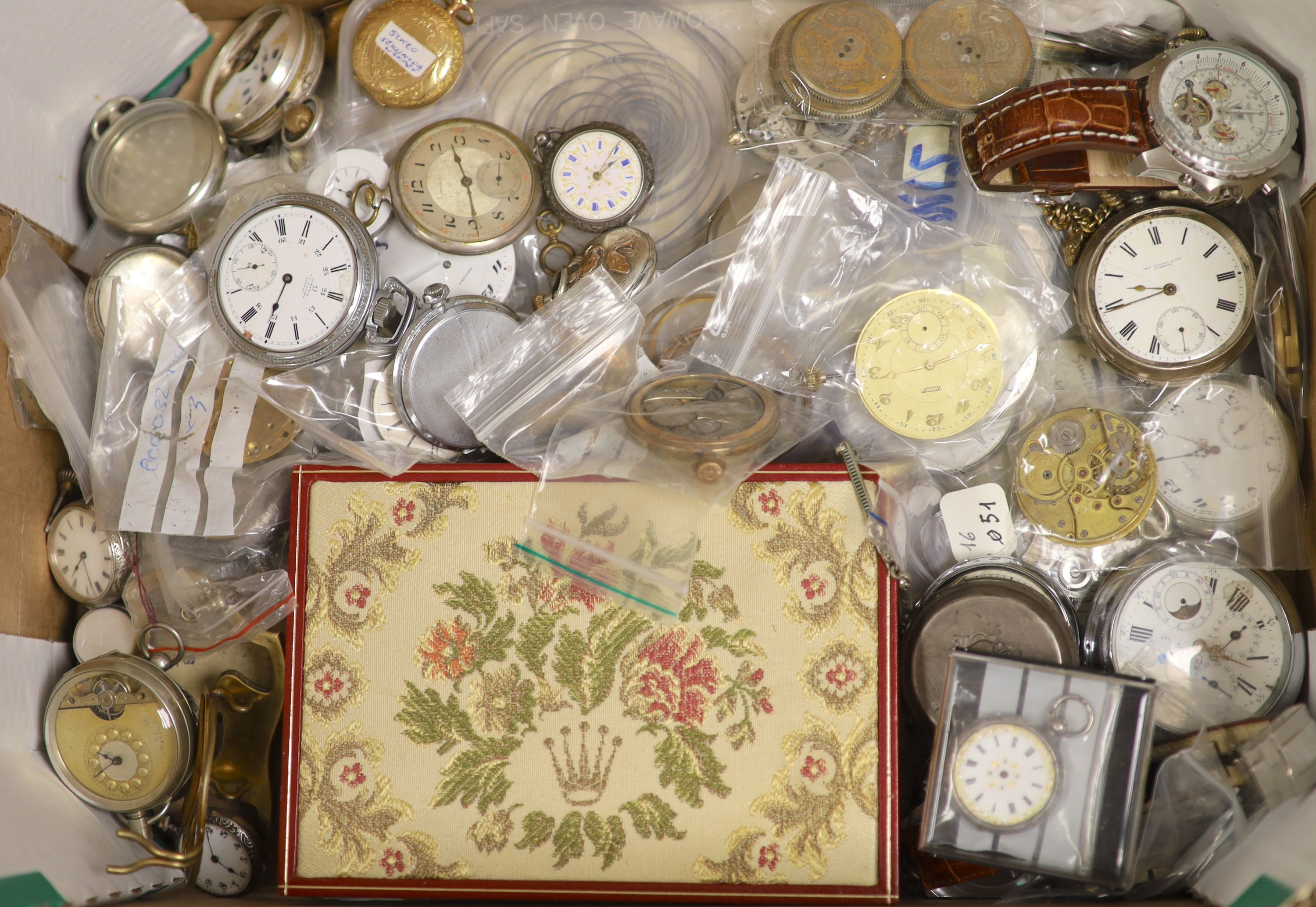 A large quantity of incomplete pocket watches, movements and parts etc. and a Rolex box.